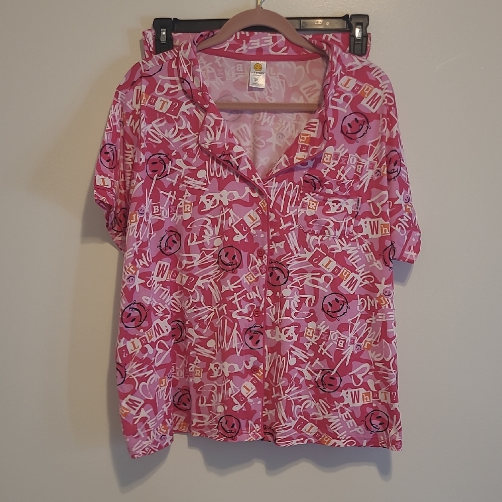 Joe Boxer Pink Graphic Short-Sleeve Button-Down Top And Pants Set